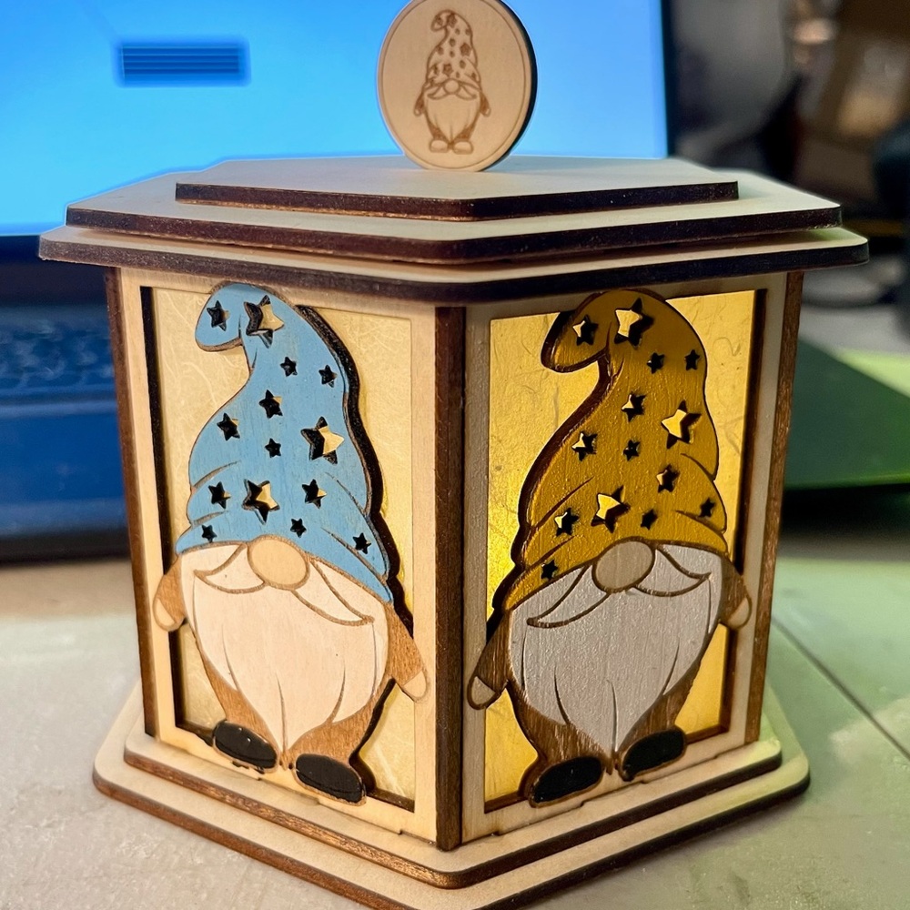 Wooden Gnome Lantern with Blue and Yellow Accents